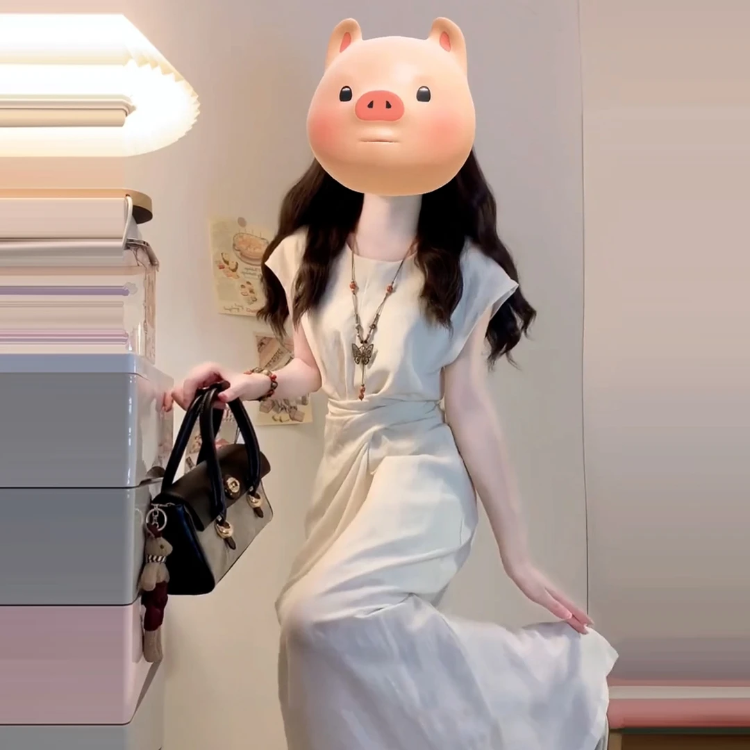 法式白色短袖连衣裙女夏2026新款设计感插腰裙简单大方得体的长裙