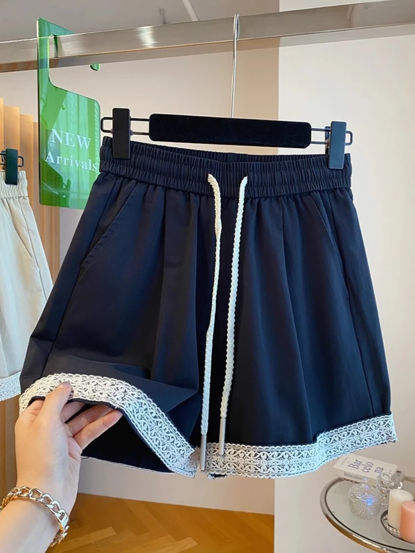 2025夏季蕾丝花边短裤女抽绳系带A字直筒裤大码胖mm宽松阔腿中裤