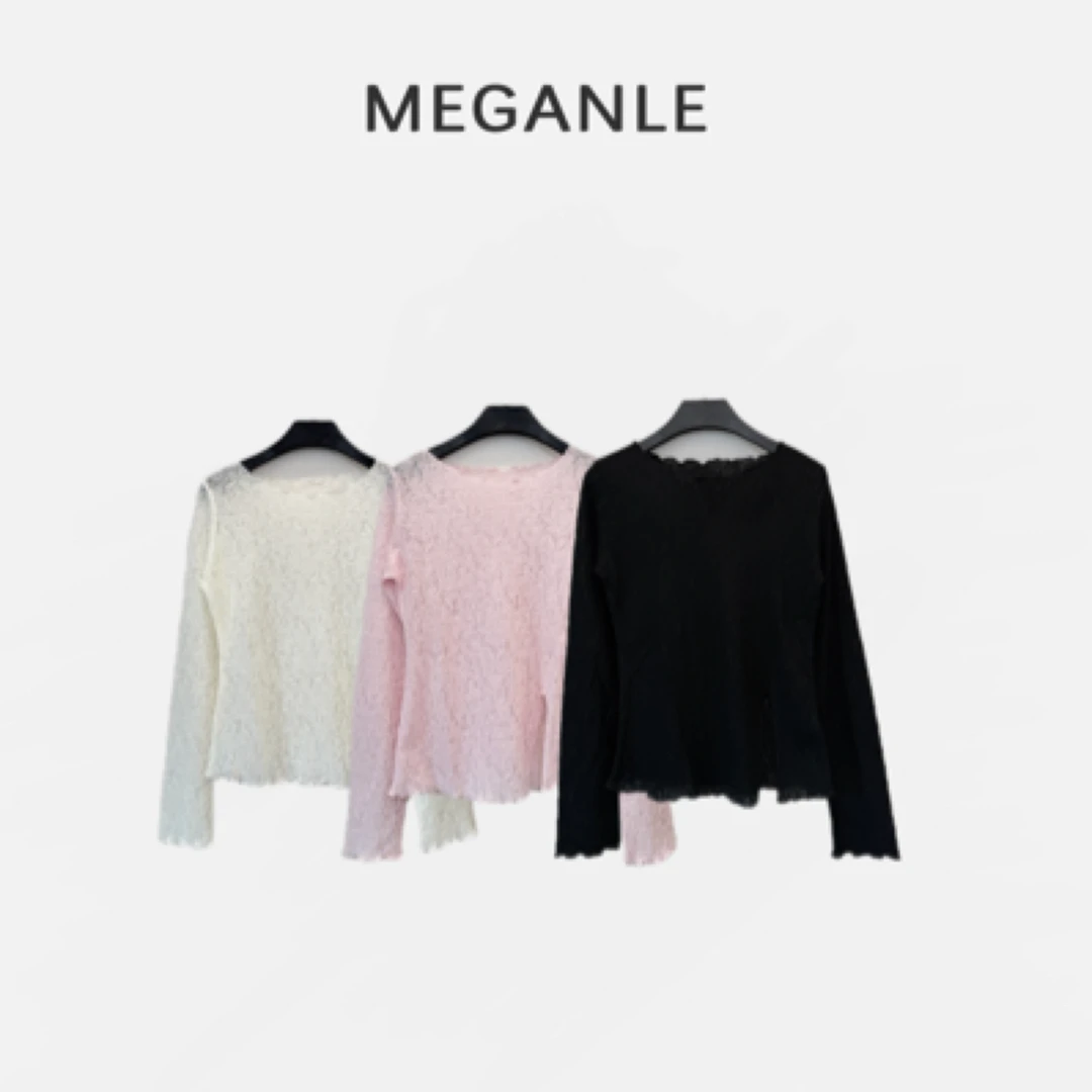 【梦露】MEGANLE 羊毛蕾丝提花修身镂空花边领长袖上衣2025176