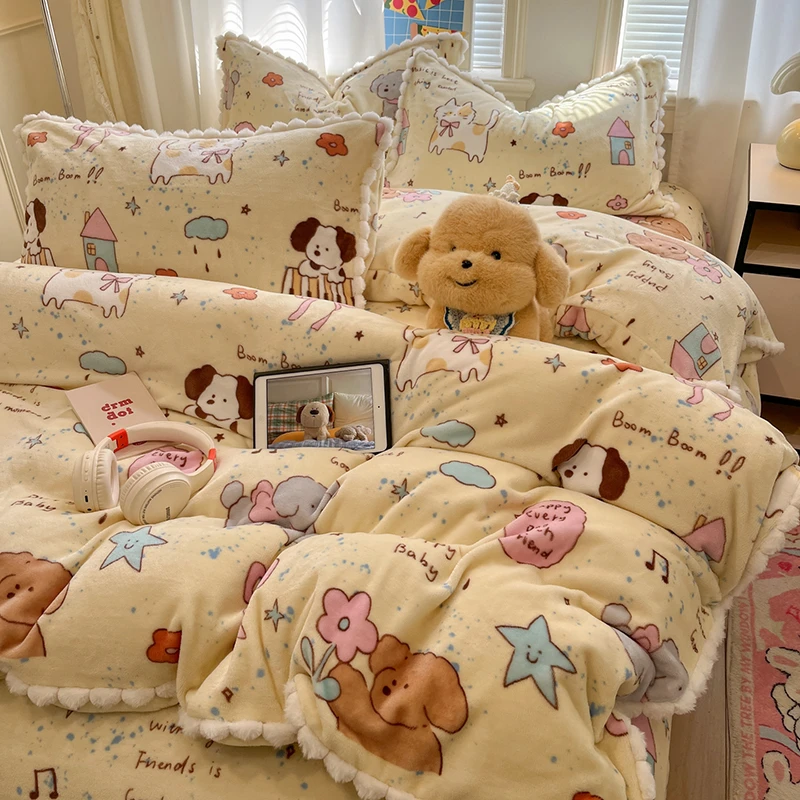 INS卡通毛球花边A类少女心牛奶绒四件套双面绒被套床单床笠抗静电