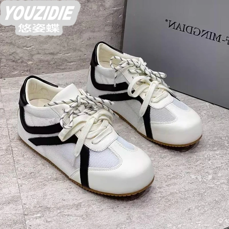 爆款小众圆头德训鞋女款2025夏季新款网面透气真皮百搭休闲小白鞋