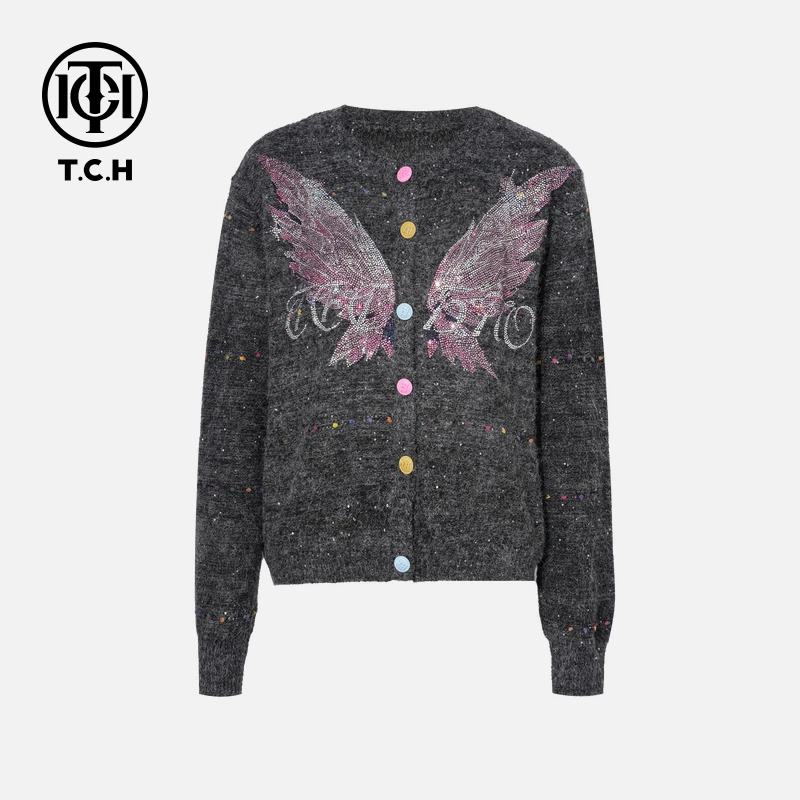 TCH烫钻工艺时尚休闲百搭翅膀针织开衫女T75C43E1019轻奢tch