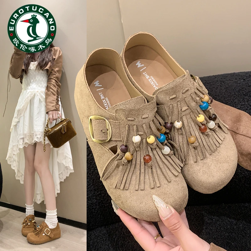 欧伦啄木鸟秋季勃肯鞋女单鞋休闲平底内增高豆豆鞋乐福鞋流苏女鞋