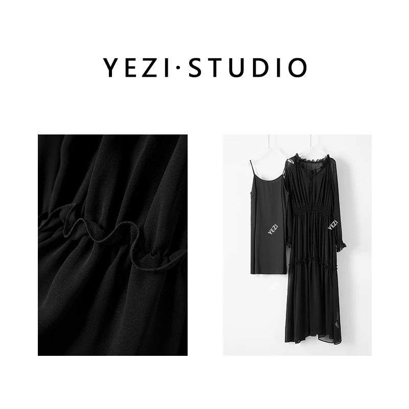 【缪-斯女神】法式高端黑色微透珍珠雪纺连衣裙长裙25234026