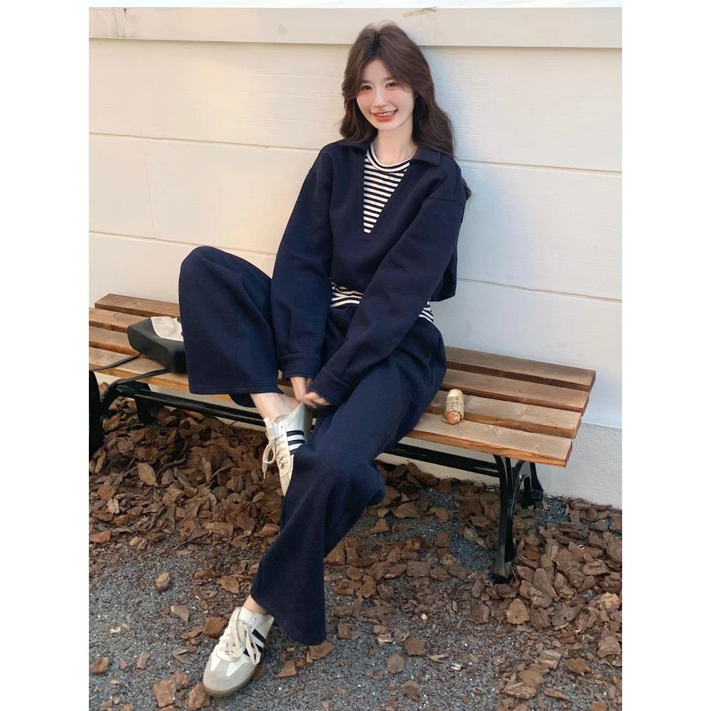 藏青色韩系条纹拼接卫衣阔腿裤两件套2025春季新款休闲运动套装女