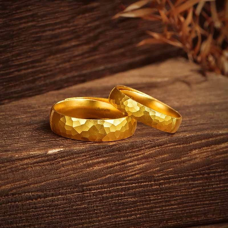 铜合金戒指 潮流ins对戒指环情侣款金色锤纹戒指时尚气质高级感