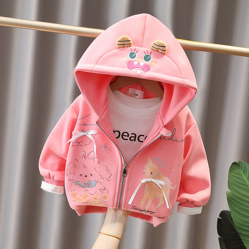 女童外套2025新款春装洋气女宝连帽拉链卫衣春秋儿童卡通开衫上衣