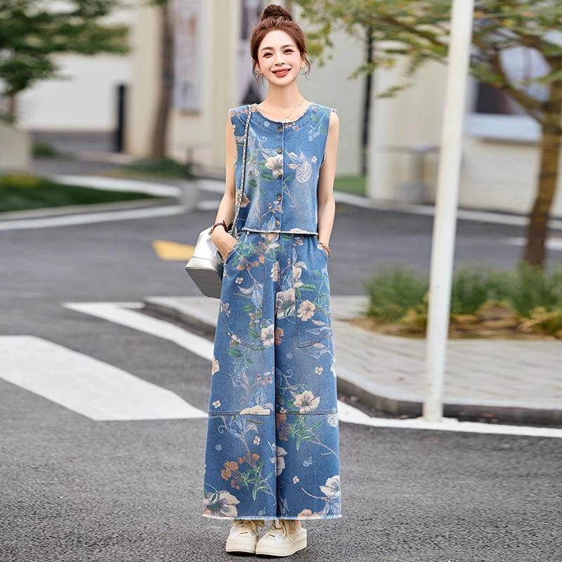 时尚印花牛仔套装女2025夏季爆款时髦减龄气质休闲阔腿裤两件套潮