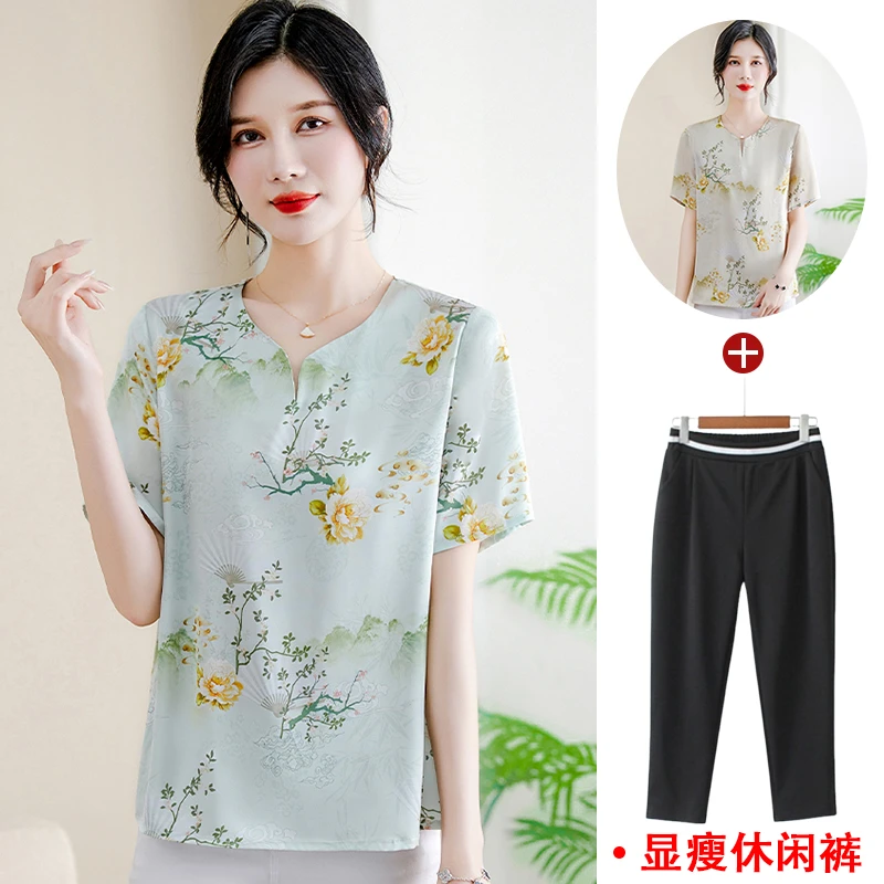 妈妈短袖2025年夏装t恤新款洋气雪纺上衣小衫40岁中老年人衣服女