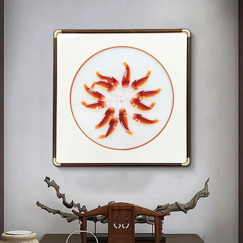 年年有鱼餐厅新中式正方形装饰画刺绣画挂画60*60