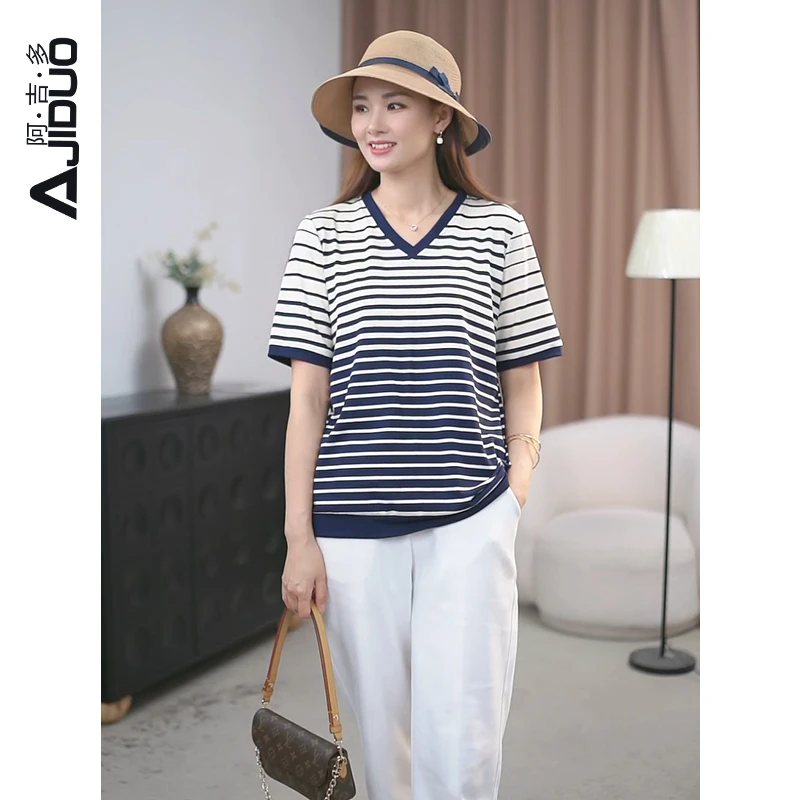 阿吉多A31972时尚针织衫女2025年夏季新款直筒型渐变条纹大码上衣