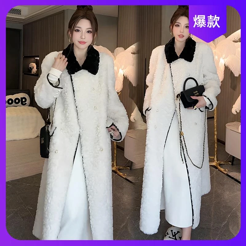 小香风米白色毛毛皮毛一体中长款外套2025秋冬新款加厚保暖大衣女