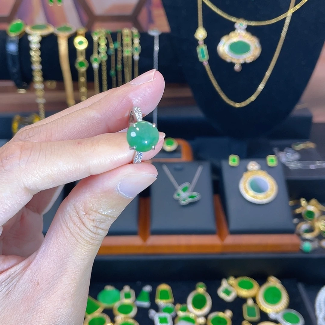 翡翠银S925镀金镶嵌戒指