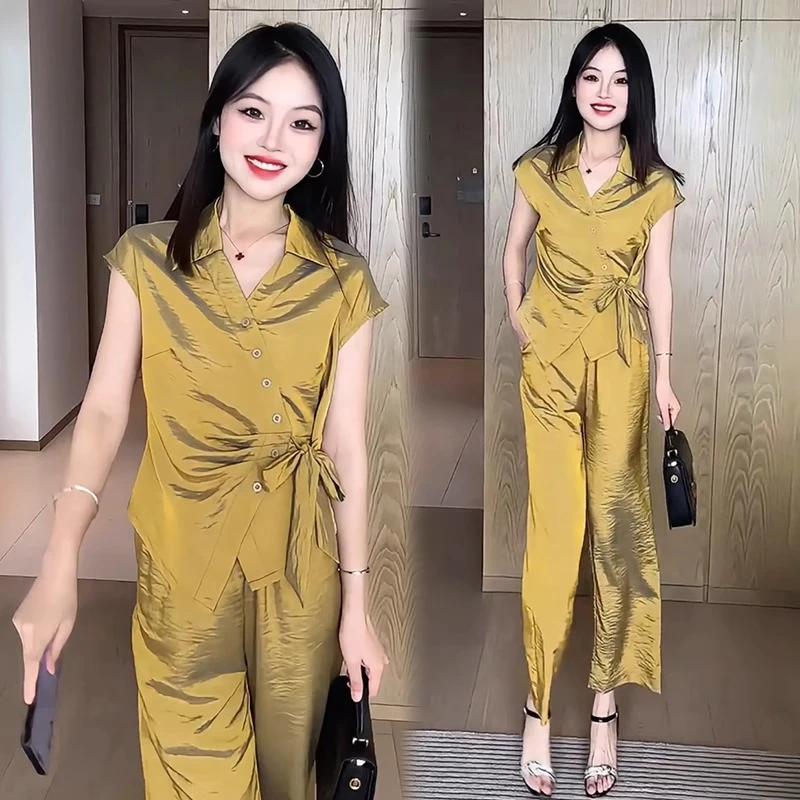 时尚轻奢套装女2025夏季新款时髦洋气V领衬衫阔腿裤显瘦两件套潮