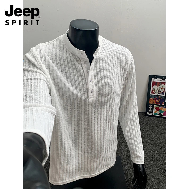 JEEP吉普条纹时尚老钱风肌理感亨利领大码圆领T恤男秋冬季提花纹