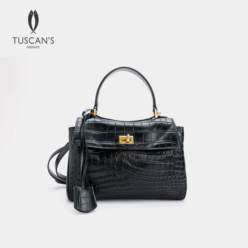TUSCAN'S轻奢经典百搭高级感黑色鳄鱼压纹女士真皮手拎包斜挎包