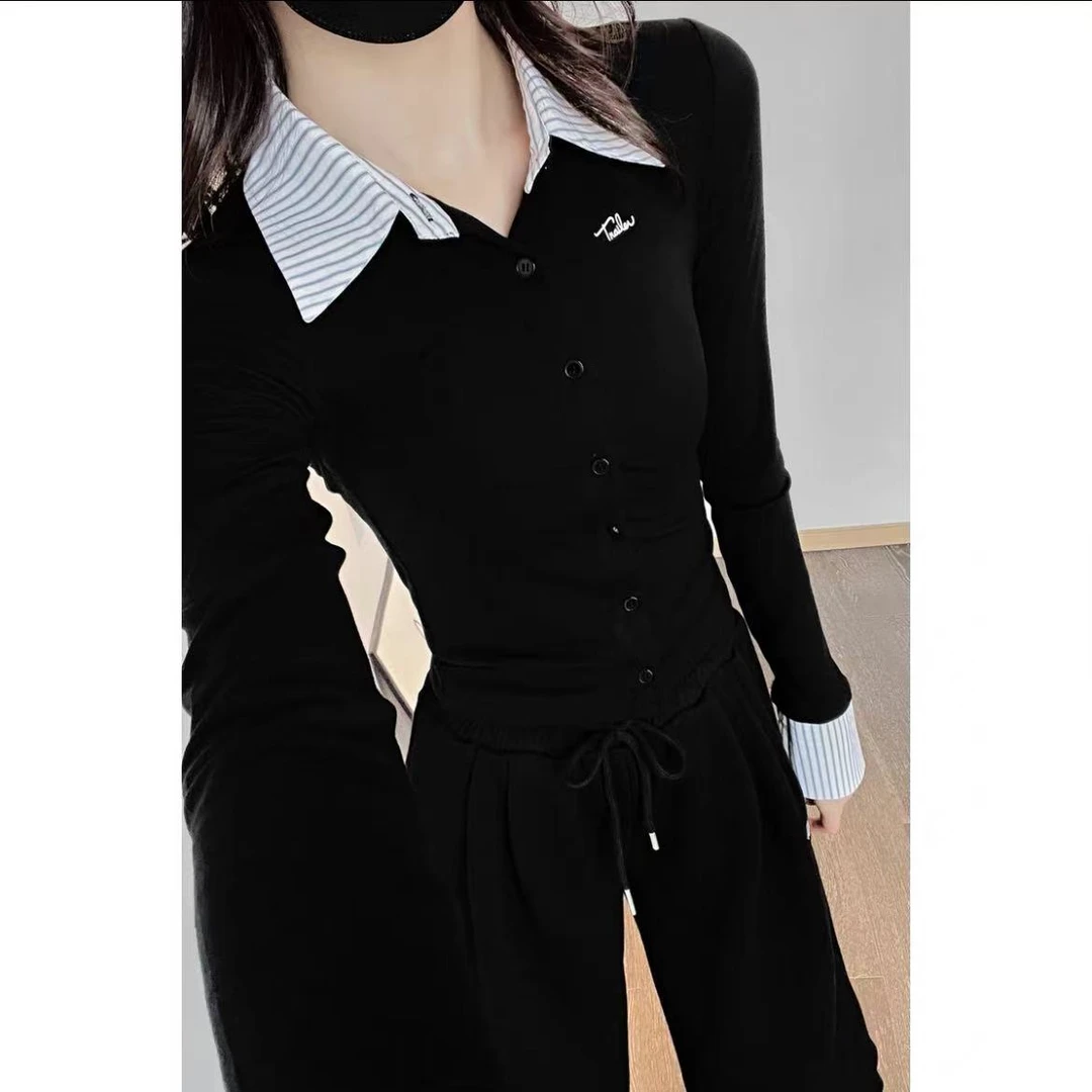 【夏春茶设计】辣妹撞色拼接polo领长袖开衫新款小众设计感T恤女