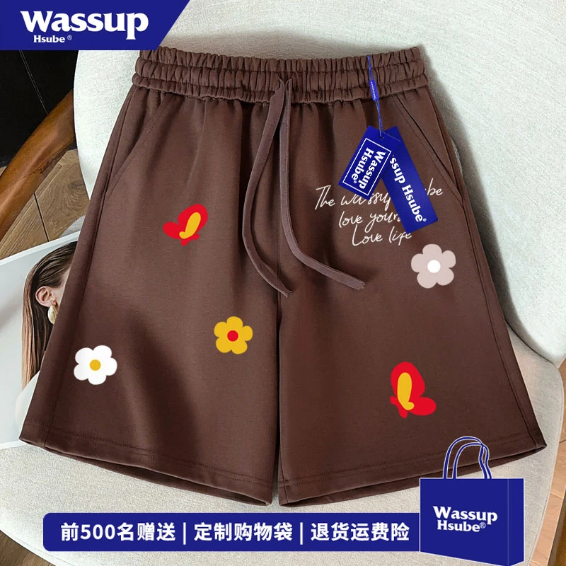 WASSUP HSUBE 国潮牌趣味彩色花朵印花运动裤夏季百搭五分短裤男