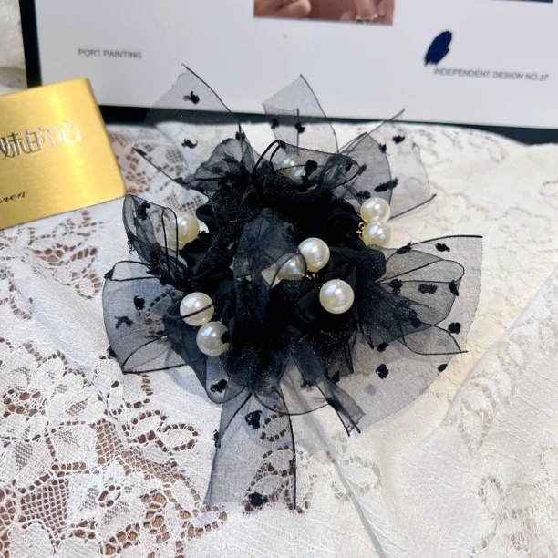 新款大肠发圈气质欧根纱头绳珍珠波点甜美头饰皮筋原创设计发绳