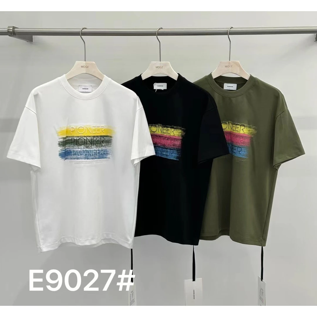 E9027男士夏季彩色条纹印花潮流休闲T恤夏季宽松港风百搭