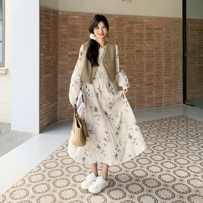 温柔气质法式碎花连衣裙马甲套装2025秋季新款宽松显瘦拼接两件套