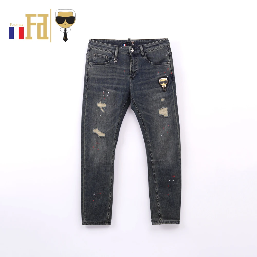 FEIDIMR079218 男士牛仔裤直筒破洞手工涂绘弹力水洗欧货潮流裤子