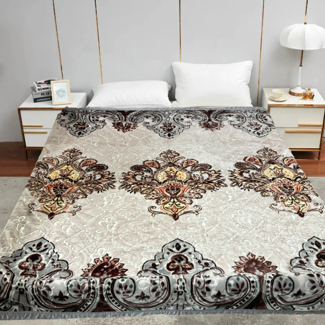 200*230cm 米色欧式花 单层双面  午睡毯多功能卧室加厚绒毛毯