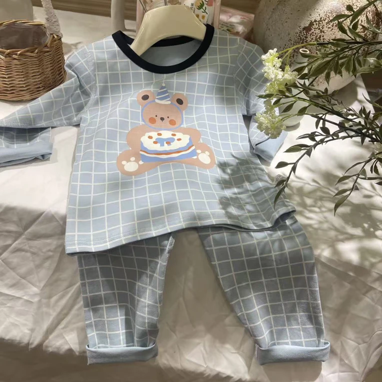 T3-9。5317休闲风吸汗居家格子男童家居服套装婴童家居服