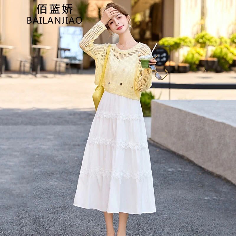 白色吊带连衣裙2025春夏新款韩系独特漂亮超火减龄黄色度假套装裙