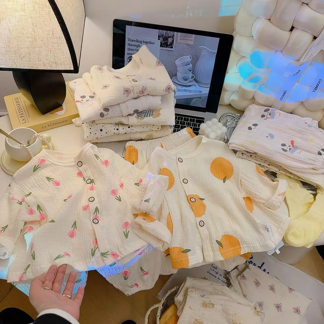 【现货.新款双层棉纱套装.】夏季卡通透气空调服睡衣儿童贴身家居服