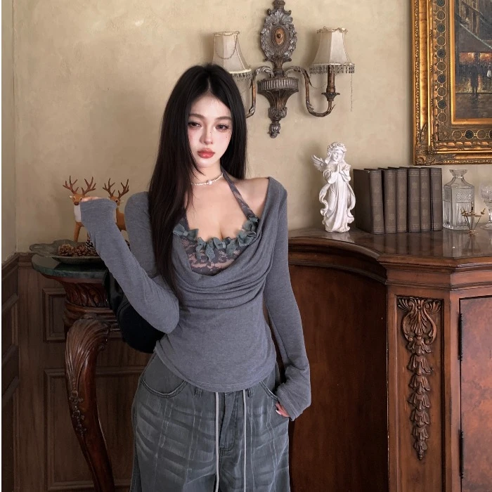 纯欲风荡领长袖T恤女秋季叠穿套装蝴蝶结蕾丝拼接挂脖背心两件套