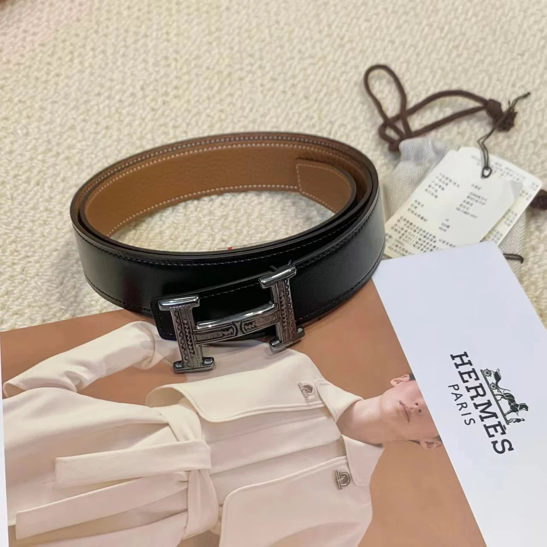 99新 Hermes/爱马仕 壹臻/黑银拼棕双面皮带 A刻 36857480