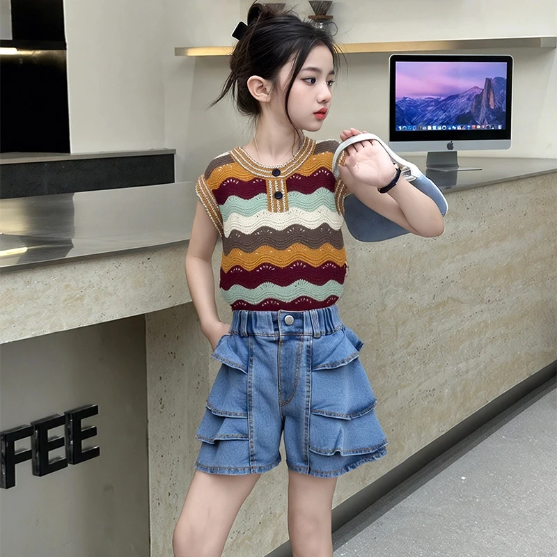 2025新款中大童洋气炸街冰丝无袖牛仔短裤两件套女童短袖套装夏装