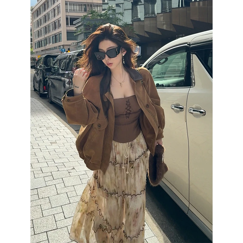 复古小香风咖色做旧翻领夹克外套女2025秋季新款百搭飞行机车上衣