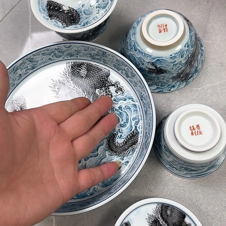 瓷片墨龙游海5件套景德镇