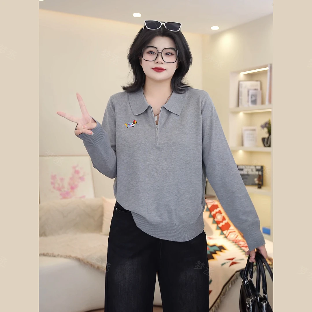 梦丞-胖mm大码女装POLO领秋冬宽松显瘦小狗刺绣洋气长袖针织衫
