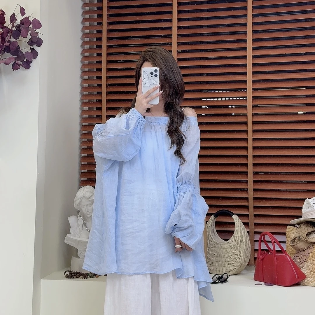 YILE·【漫度周末】温柔气质两穿一字肩宽松100%苎麻衬衫