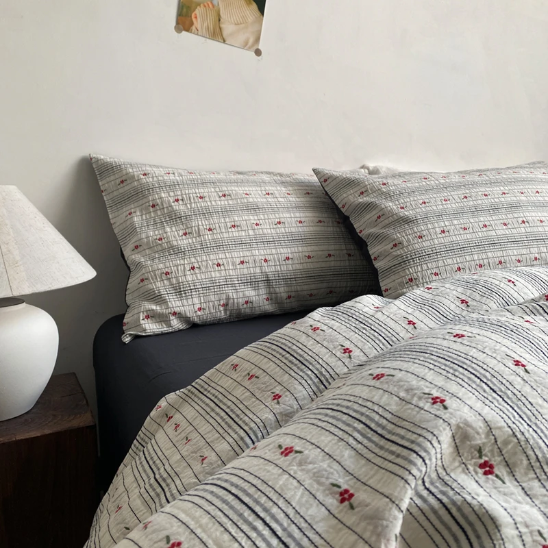 韩式全棉泡泡纱提花四件套公主风水洗纯棉被套床单床上用品床笠款