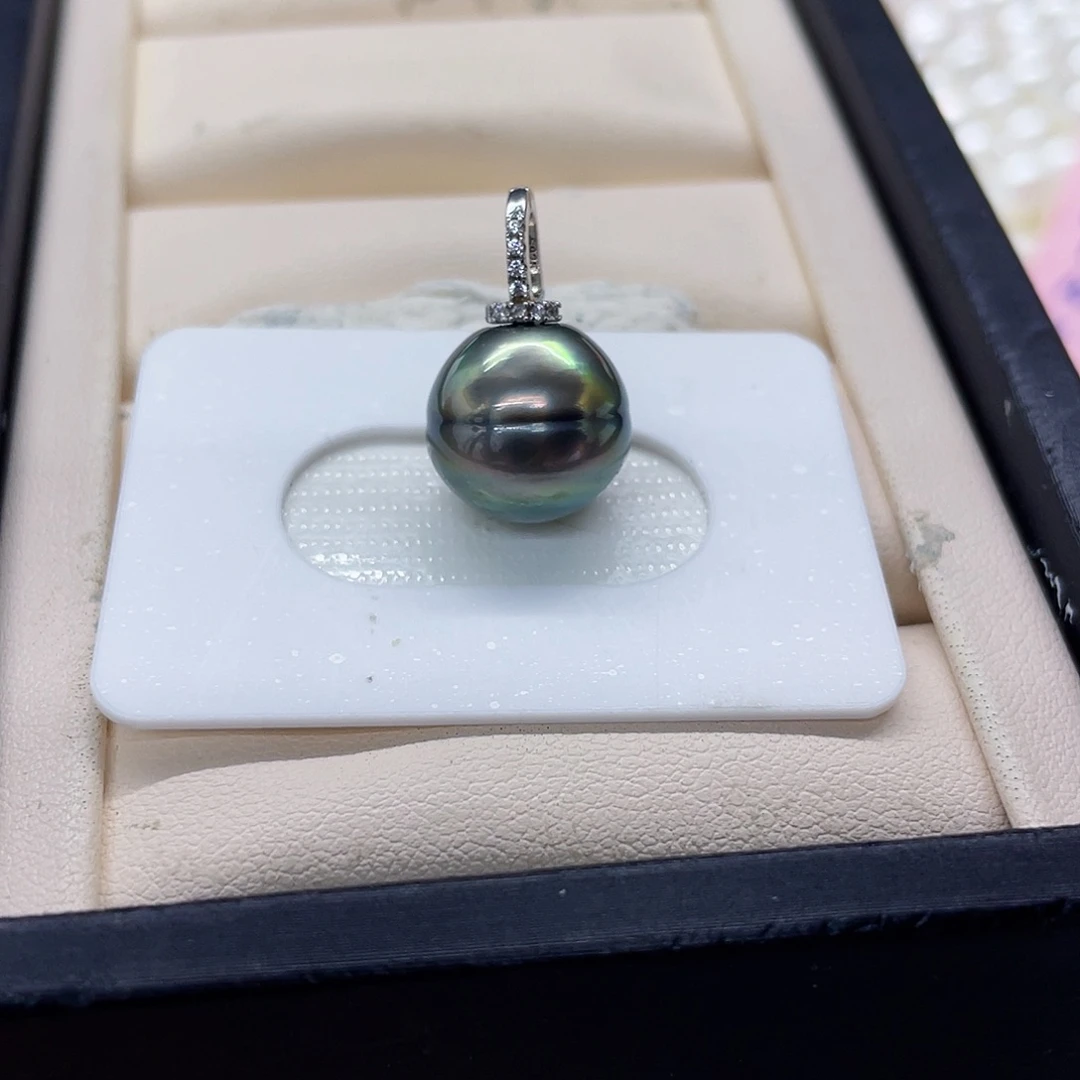 海水珍珠银S925镶嵌吊坠(不含链)大溪地绿色汉堡吊坠13-14mm