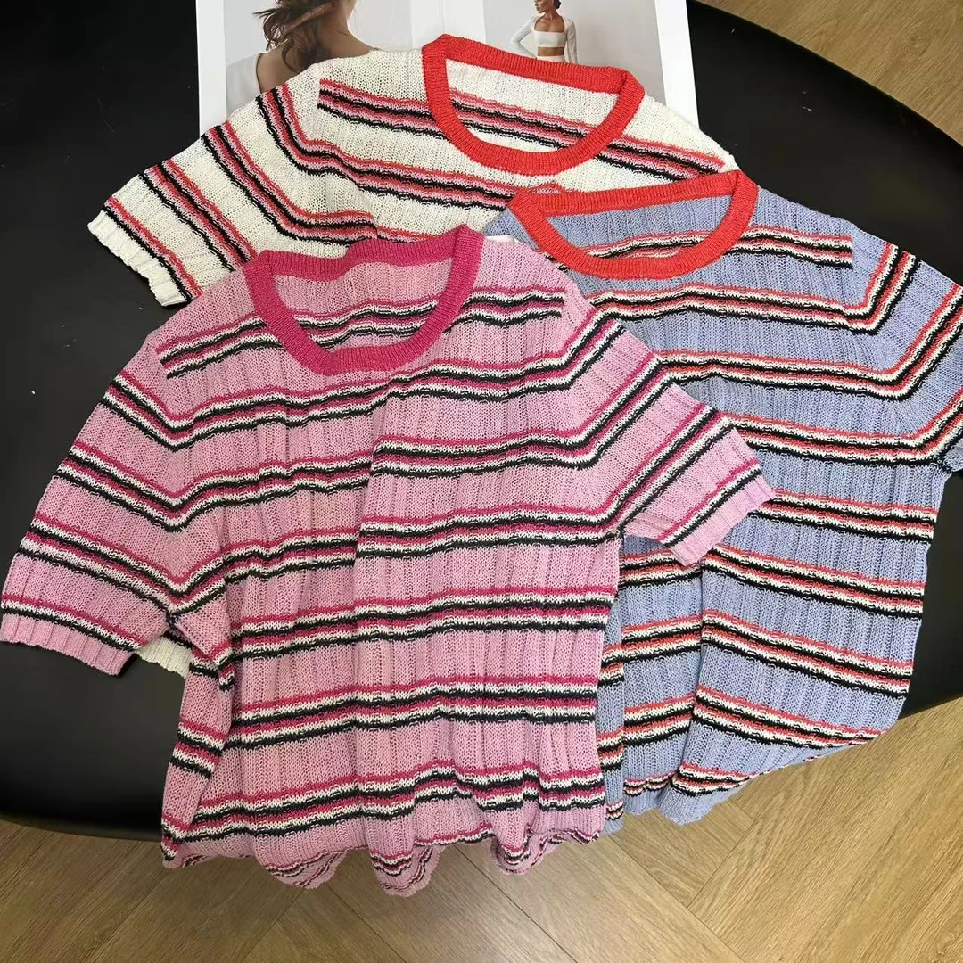 夏季时尚撞色细条纹百搭显瘦毛针织衫短袖上衣H6418