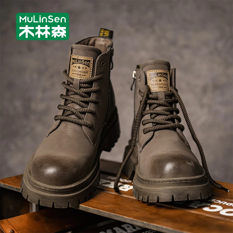 木林森男士马丁靴2025新款秋季复古英伦风休闲厚底增高高帮工装靴