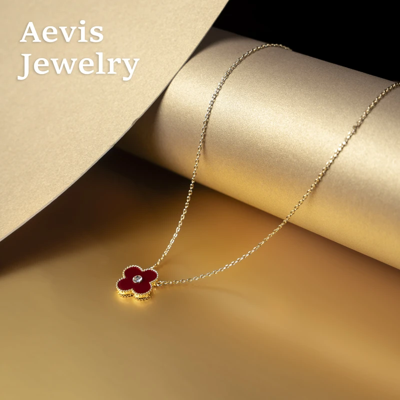 铜合金项链 Aevis Jewelry法式四叶草气质红色经典百搭项链-8178