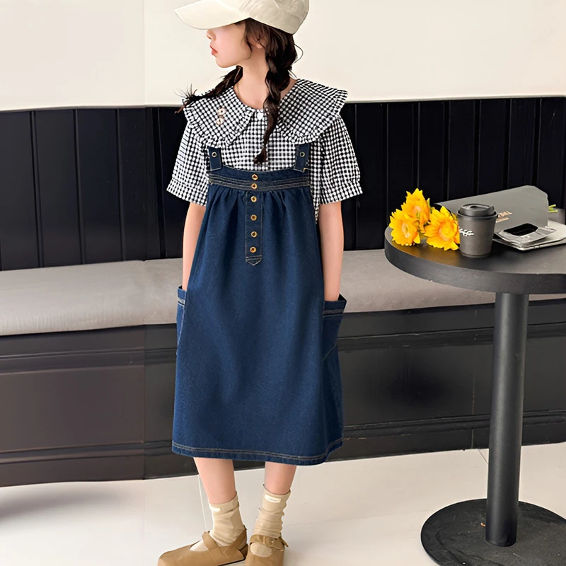 女童连衣裙夏装2025新款儿童装娃娃领格子衬衫牛仔背带裙套装裙子