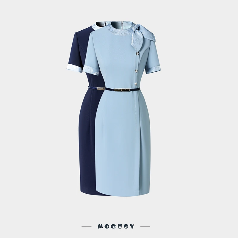 职业连衣裙女夏季短袖气质修身酒店前台接待售楼部物业客服工作服