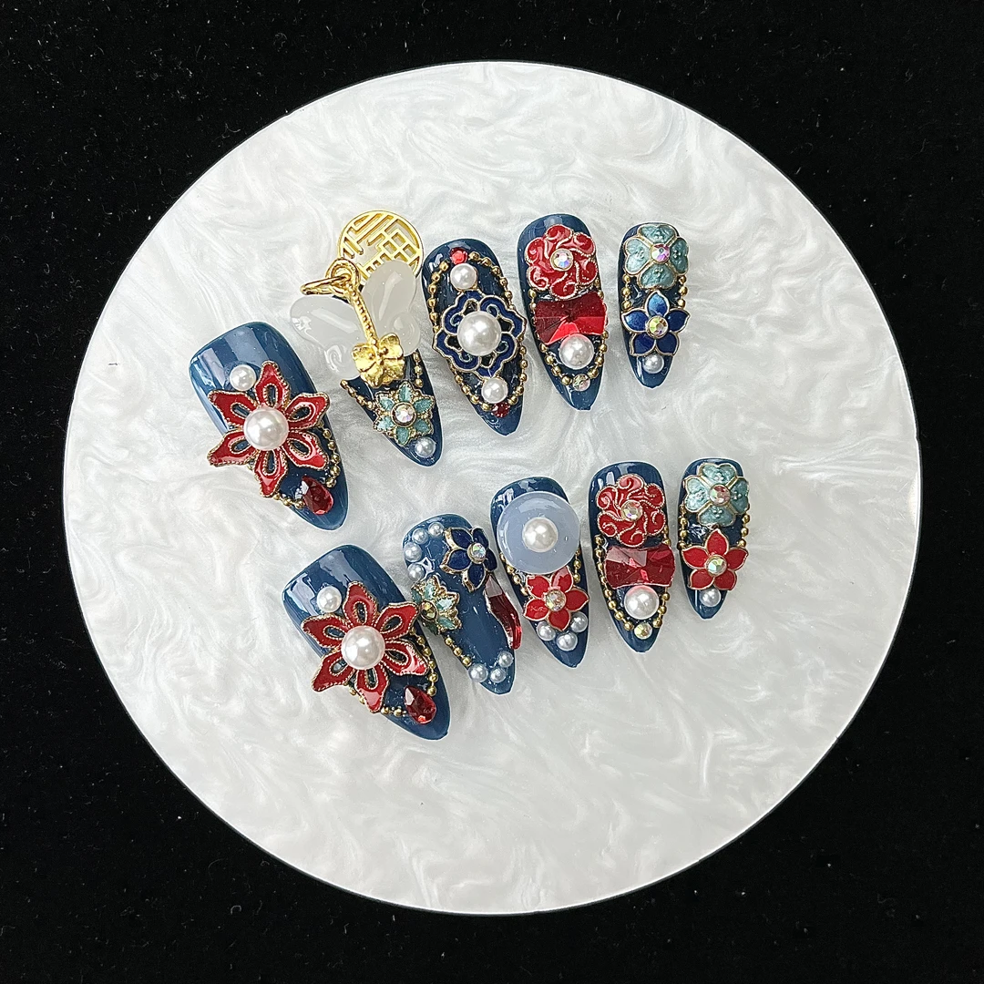 【BAO蓝杏仁】蓝色国风古风景泰蓝配饰红色饰品中式秀和汉服穿戴甲