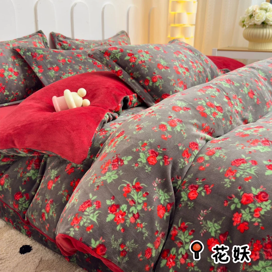 爆款冬季保暖印花简约牛奶绒四件套加厚双面绒复古被套
