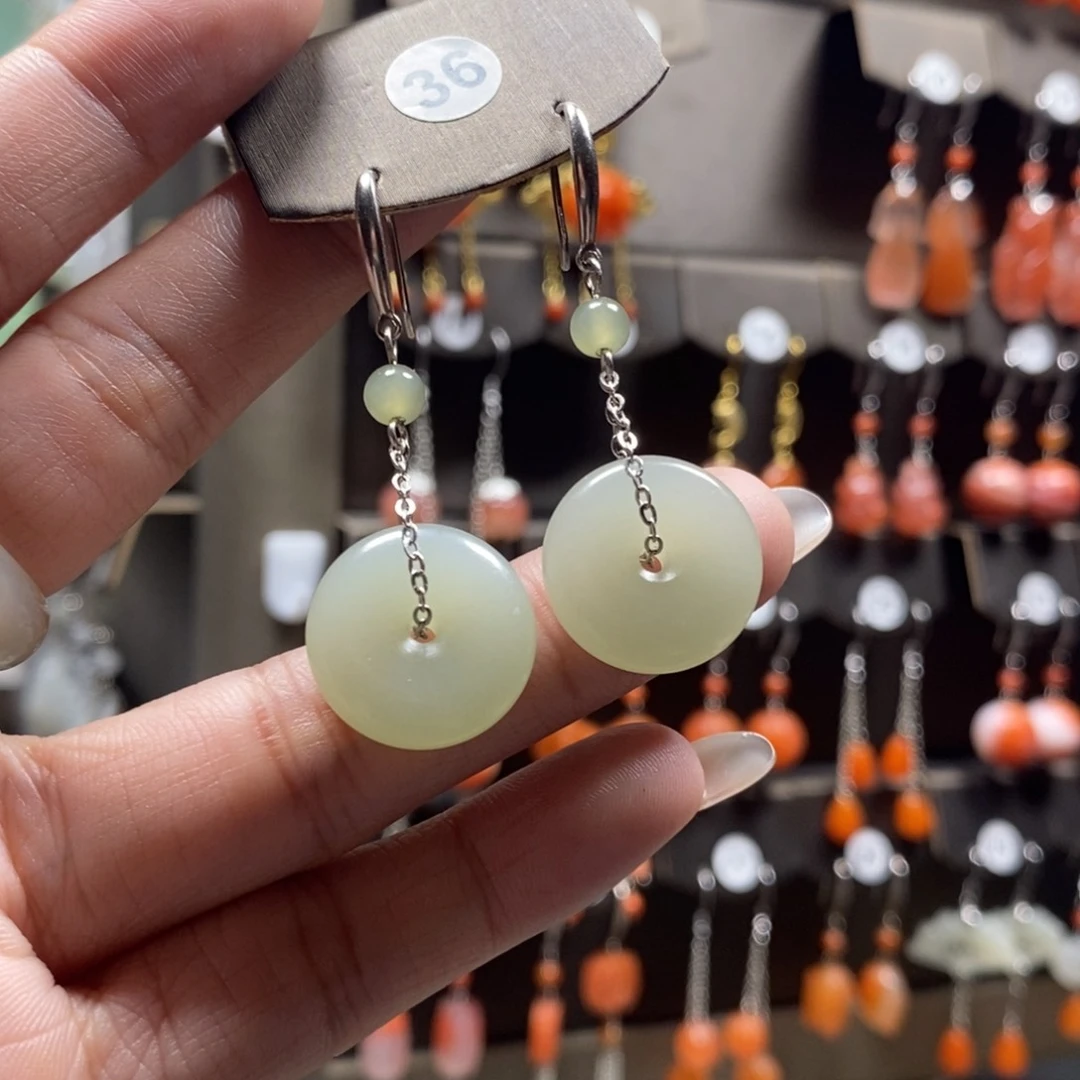 和田玉耳饰银S925镶嵌乐**