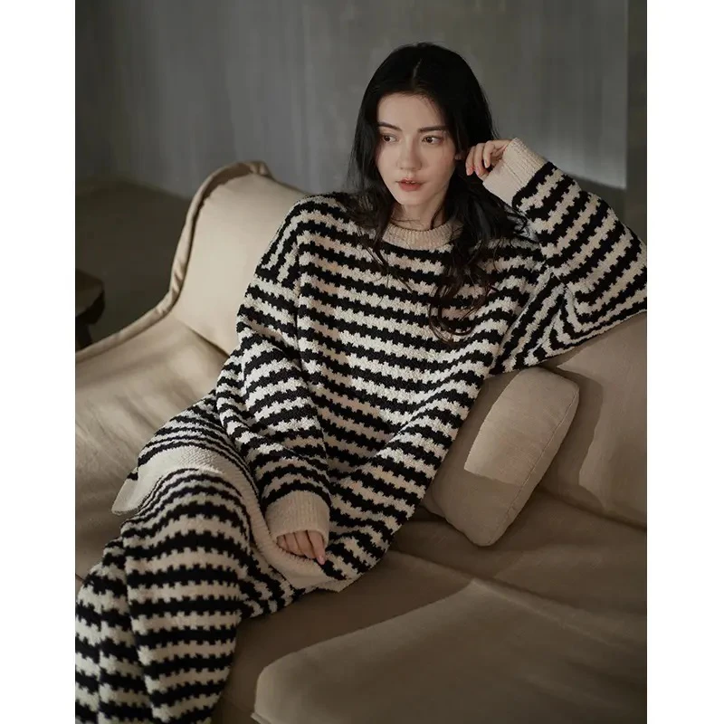 睡衣女秋冬半边绒条纹休闲保暖套装少女可外穿女士家居服套装冬季