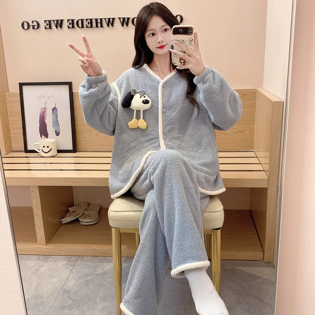 可爱卡通冬季睡衣女长袖长裤法兰绒加绒保暖女士款休闲家居服套装