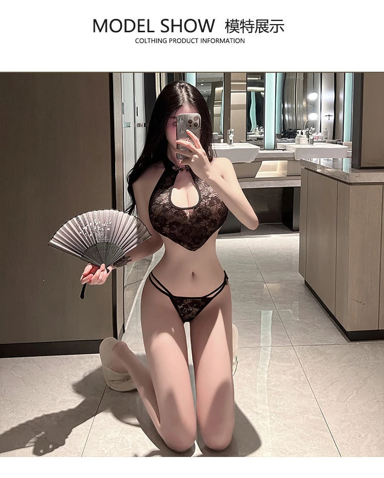 【旗袍复古小蛮腰】性感御姐镂空旗袍蕾丝制服套装女黑色内衣纯欲